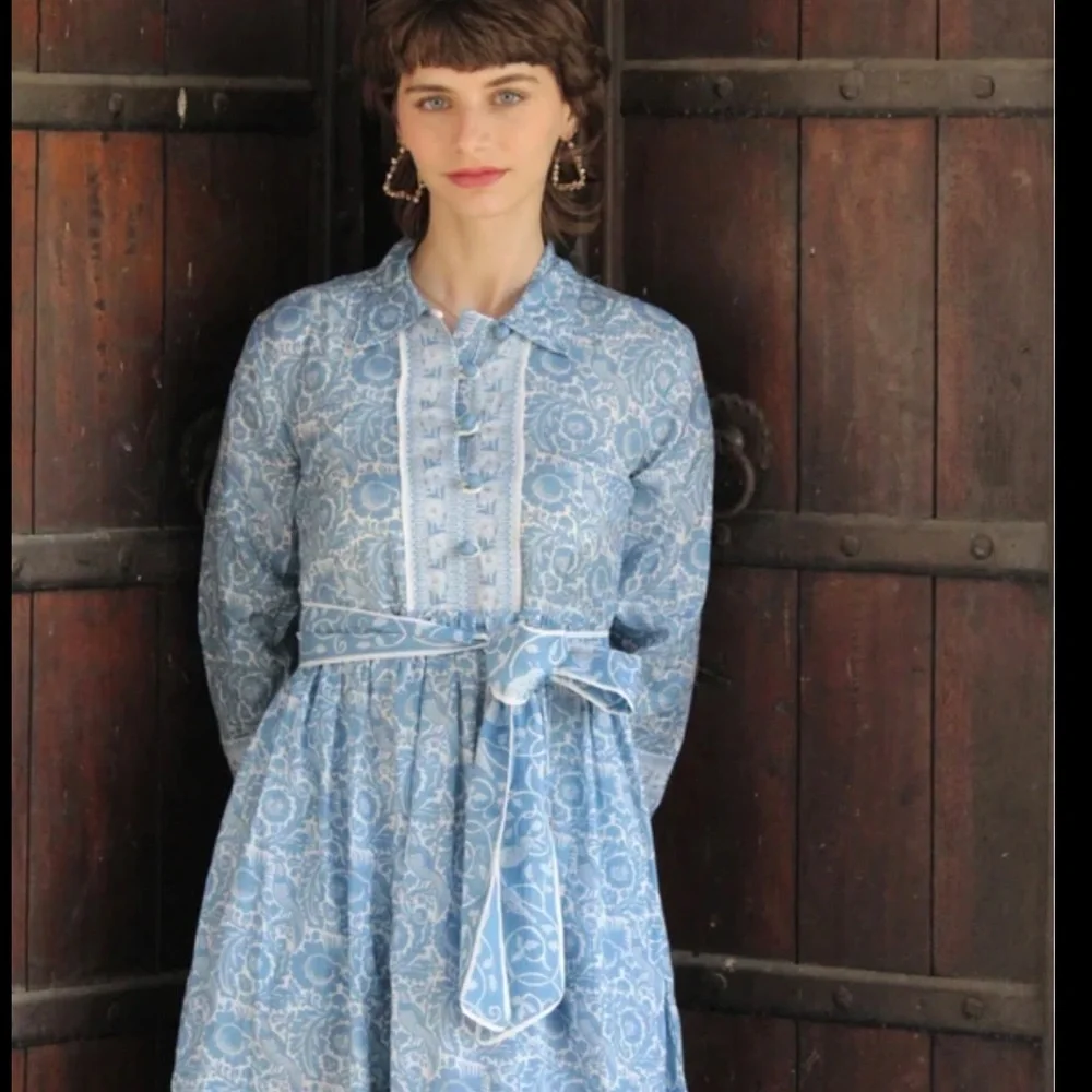 Cyclamen Jaipur Block Print Cotton Midi Dress Blue Peacock Prairie Cottagecore S